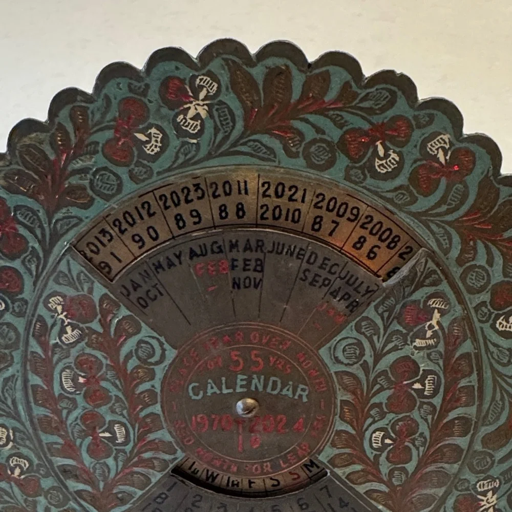 Vintage Perpetual Calendar with Floral Design 1970-2024 brass